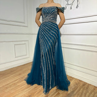 Ships in 1 to 3 Days - 2024 Elegant Blue Mermaid Evening Gown: Sexy Boat Neck with Split and Arabic-Inspired Beading for Women's Wedding Parties