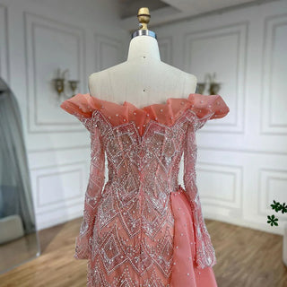 Elegant Arabic Peach Mermaid Evening Gown with Pearl and Beaded Detailing