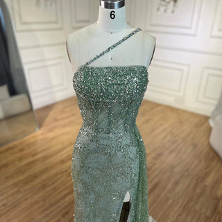 2024 Blue Mermaid Spaghetti Strap High Split Beaded Luxury Evening Dress: Gowns for Women's Wedding Party