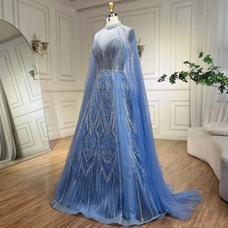 Dubai Yellow Cape Sleeves Elegant A-Line Luxury Beaded Evening Dresses Gowns For Women Wedding Party 2024