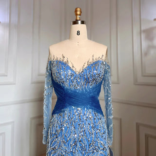 Stunning Dubai Blue Mermaid Evening Dress - Sexy High Split with Skirt Beaded Gown for Women's Wedding Party 2024