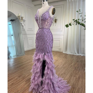 Ships in 1 to 3 Days - Pink Mermaid Evening Dress 2024 with Sexy High Split, V-Neck, Feather Beaded Luxury - Ideal for Women's Wedding Party