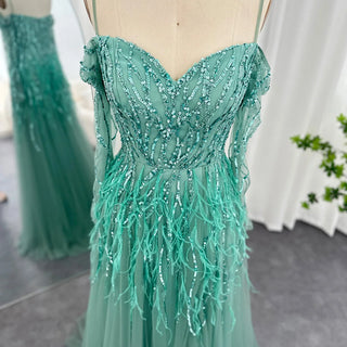 Luxury Dubai Sage Green Feathers Evening Dress for Women Elegant 2024 Lilac Burgundy Wedding Party Formal Gown