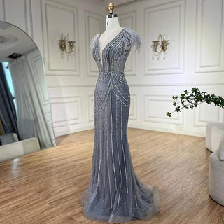 Luxury Dubai Blue Strapless Mermaid Evening Dresses Gowns with Pearls and Feathers Beaded for Women Wedding Party