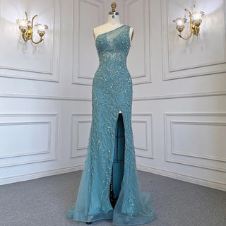 Turquoise Mermaid Evening Dress with High Split Skirt - Luxury Beaded Crystal Gown for Women (2024)