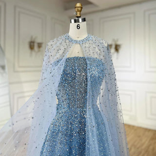 Ships in 1 to 3 Days - 2024 Arabic Blue Luxury Dubai Evening Gown | A-Line Elegant Cape Sleeves Beaded Dress for Women's Party