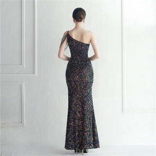 Sexy Slit Beaded Evening Dress - Slash Neck Sequin Party Maxi Prom Dress for Women