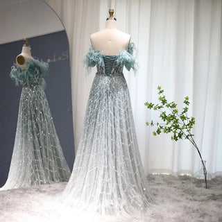 Emerald Enchantment: 2024 Dubai Feathered Gown with Elegant Off Shoulder Design for Wedding Celebrations.