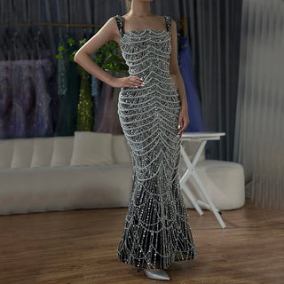 Arabic Nude Spaghetti Strap Mermaid Pearls Beaded Evening Gown for Women | Wedding Party 2025