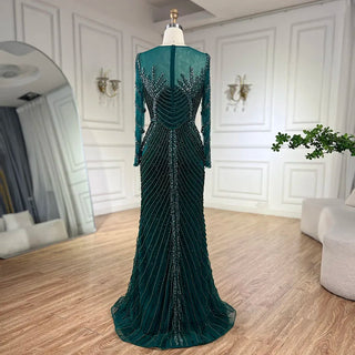 Luxury Crystal Pearls Dubai Nude Evening Dress - Long Sleeves Formal Prom Party Gown for Women's Wedding