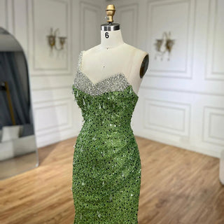 Luxury Sage Green One-Shoulder Beaded Crystal Mermaid Evening Gown - Dubai Style for Women Party 2024