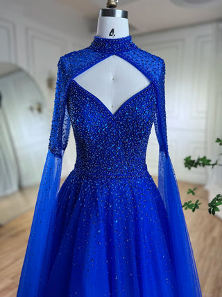 Arabic Blue Cape Sleeves A-Line Beaded Luxury Dubai Evening Dresses Wedding Party Gowns For Women 2024