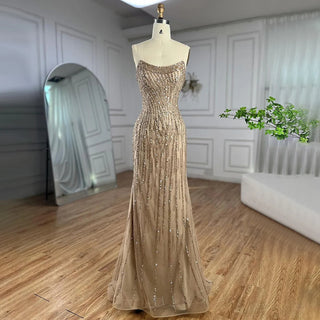 Dubai Caramel Dream: 2024 Mermaid Long Cloak Beaded Pearls Luxury Evening Gown - Dress for Women's Wedding Party