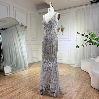 Dubai Luxury Feathers Mermaid Evening Gown - V-Neck Sleeveless Sparkle Evening Dress