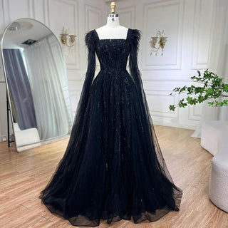 Luxury Dubai A-Line Blue Evening Dress with Cape Sleeves - Feathers Beaded Gown for Women's Wedding Party (2024)