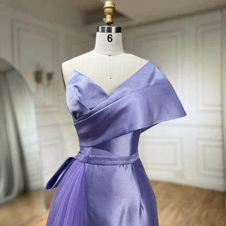 Lilac Satin Mermaid Evening Gown 2024: One-Shoulder Beaded Tea-Length for Women's Wedding Party