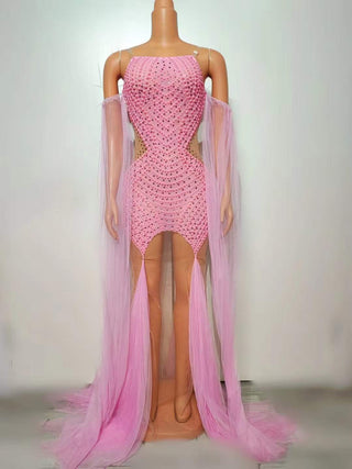 Ethereal Pink Cut-Out Evening Gown with Flowing Tulle Trains