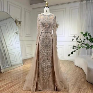 Silver Nude Mermaid Evening Gown: Over Skirt, Beaded Luxury Dubai Dresses - Long Women's Wedding Party Gowns 2024