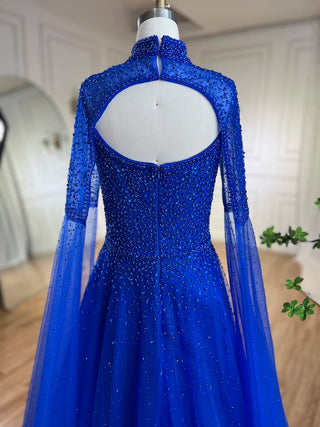 Arabic Blue Cape Sleeves A-Line Beaded Luxury Dubai Evening Dresses Wedding Party Gowns For Women 2024