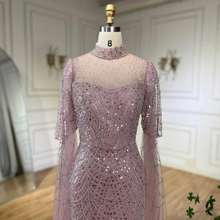 Dubai Pink Cape Sleeves Mermaid Beaded Luxury Long Arabic Evening Dress - Gown for Women's Wedding Party