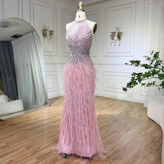 Ships in 1 to 3 Days - Dubai Halter Beige Feathers Beaded Formal Luxury Mermaid Evening Dress for Women Wedding Party 2024