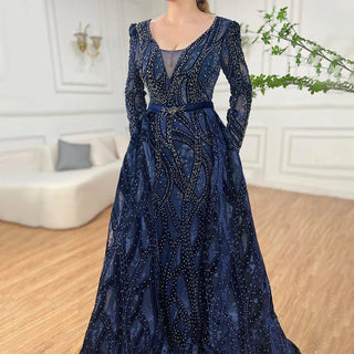 Dubai Blue Mermaid Deep-V Crystal Long Sleeves Luxury Party Dress: Formal Women's Evening Attire, 2024