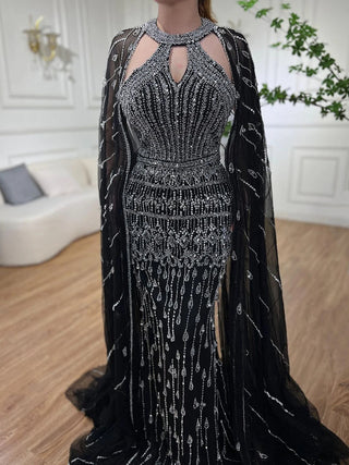 Mermaid Elegant Cape Sleeves Beaded Luxury Evening Dress Gown For Women: Arabic Party 2024