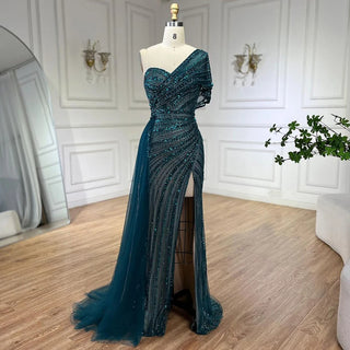 Ships in 1 to 3 Days - 2024 Green Mermaid High Split One Shoulder Beaded Evening Dress: Gowns for Women's Wedding Party