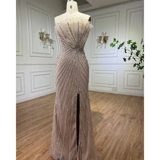 Caramel High Split Off Shoulder Mermaid Evening Dress - Beaded Gown for Women Wedding Party 2024