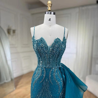 Ships in 1 to 3 Days - 2024 Sky Blue Spaghetti Strap Luxury Evening Dress: Mermaid Beaded Elegant Overskirt for Women's Party