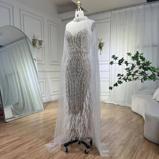 2024 White Nude Mermaid Wedding Party Dress: Beaded Feathers Luxury Cape Sleeves Prom Gown