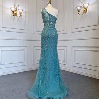 Turquoise Mermaid Evening Dress with High Split Skirt - Luxury Beaded Crystal Gown for Women (2024)