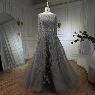 Ships in 1 to 3 Days - 2024 Muslim Gray A-Line Evening Luxury Dubai Dress - Beaded Gown for Women's Wedding Party