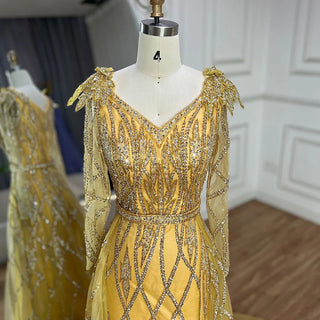 Ships in 1 to 3 Days - 2024 Muslim Gold Mermaid Evening Gown - Luxury Beaded Dress with Overskirt for Dubai Parties