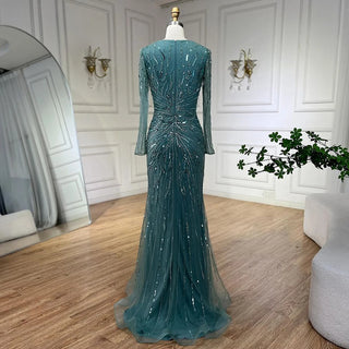 2024 Dubai Gray Long Sleeves Mermaid Beaded Arabic Luxury Evening Dress: Gowns for Women's Wedding Party