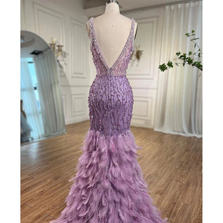 Ships in 1 to 3 Days - Pink Mermaid Evening Dress 2024 with Sexy High Split, V-Neck, Feather Beaded Luxury - Ideal for Women's Wedding Party