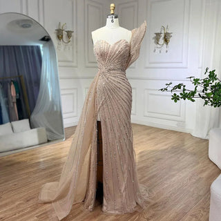 Green Mermaid High Split Elegant One Shoulder Beaded Evening Dress Gown for Women Wedding Party 2024