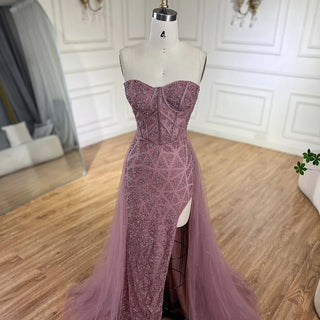 Ships in 1 to 3 Days - Arabic Turquoise Strapless High-Split Mermaid Beaded Luxury Evening Gown for Women Wedding Party 2024