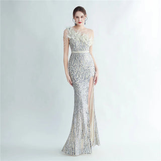 Elegant Slash Neck Feather Sequin Evening Dress - Beaded Long Party Maxi Dress for Women