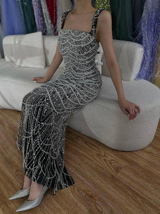 Arabic Nude Spaghetti Strap Mermaid Pearls Beaded Evening Gown for Women | Wedding Party 2025