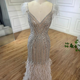 White Nude Feathers Beaded Spaghetti Strap Luxury Dubai Evening Dresses Gowns For Women Wedding Party 2024