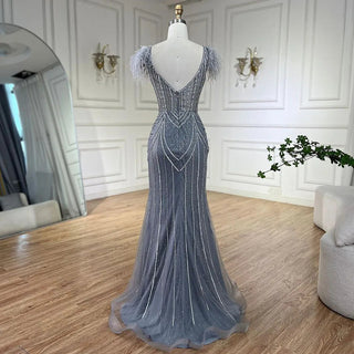 Luxury Dubai Blue Strapless Mermaid Evening Dresses Gowns with Pearls and Feathers Beaded for Women Wedding Party