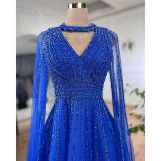 Ships in 1 to 3 Days - Arabic Blue A-Line Elegant Evening Dress: Luxurious Cape Sleeves with Beaded Embellishments for Women's Wedding Party 2024