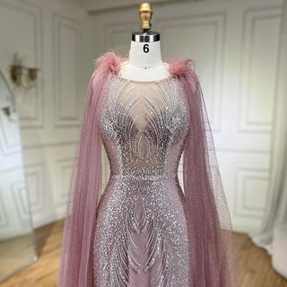 Arabic Pink Mermaid Evening Dress with Elegant Luxury Feathers Beaded Cape Sleeves for Women's Party 2024