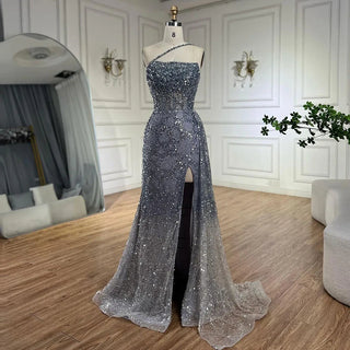 2024 Blue Mermaid Spaghetti Strap High Split Beaded Luxury Evening Dress: Gowns for Women's Wedding Party