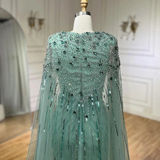 Ships in 1 to 3 Days – Dubai's Luxe Elegance: Sage Green Evening Dresses with Cape, Fuchsia Crystal, and Gold Accents for Women's Weddings and Formal Parties (2024)