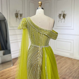 Arabic Blue One-Shoulder Yellow High-Split Mermaid Beaded Evening Gown for Women Wedding Party 2024