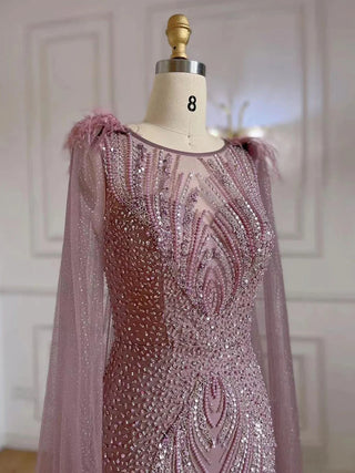 Pink Mermaid Evening Dress - Elegant Cape Sleeves with Luxury Feathers and Beading for Women's Party 2024