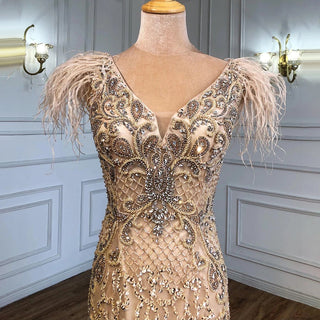 Champagne Mermaid Sleeveless Evening Dress: Elegant Formal Luxury with Diamond Feathers 2024