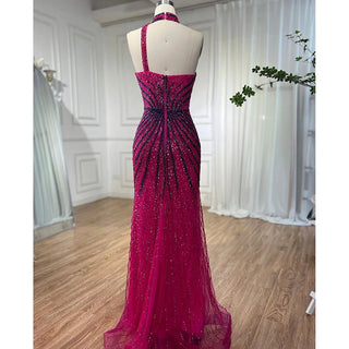 Fuchsia Halter Sleeveless Beaded Mermaid High Split Evening Dress: Party Gown for Women 2024